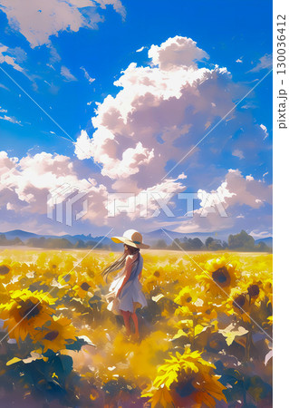 向日葵の上に立つ少女 130036412
