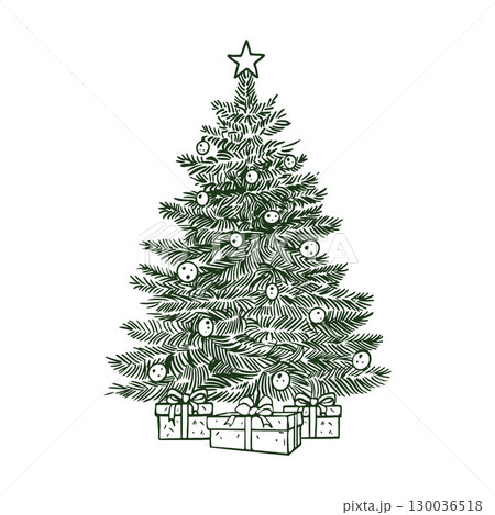 Christmas tree with gifts vector outline illustration. Vintage illustration. Retro style Christmas tree. Green composition isolated on white background. Vector illustration Christmas tree with gifts vector outline illustration. Vintage illustration. Retro style Christmas tree. Green composition isolated on white background. Vector illustration 130036518