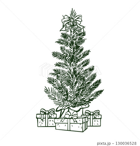 Christmas tree with gifts vector outline illustration. Vintage illustration. Retro style Christmas tree. Green composition isolated on white background. Vector illustration Christmas tree with gifts vector outline illustration. Vintage illustration. Retro style Christmas tree. Green composition isolated on white background. Vector illustration 130036528