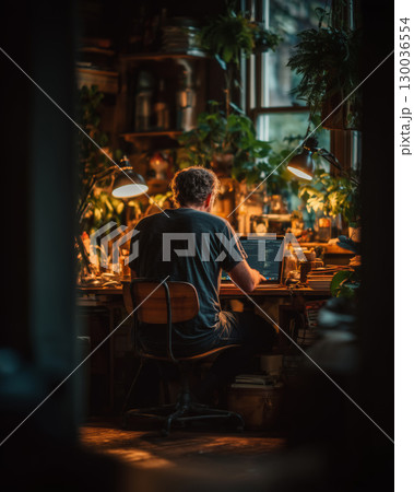 Focused man working on laptop surrounded by plants in cozy home office 130036554