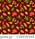 Autumn leaves vector seamless pattern. Fall leaf background. Flat and doodle seasonal elements. Colorful hand drawn botanical pattern. Yellow, green and red colors on brown 130036568