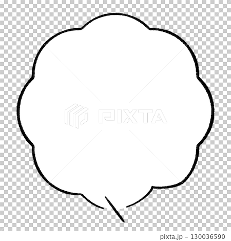 Simple speech bubble with a hand-drawn line drawing style. Perfect circle, fluffy tail, straight line, center, facing right. Monochrome. 130036590