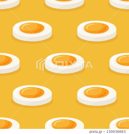 Vector Fried Eggs Seamless Pattern. Flat Cartoon Fried Eggs on Yellow Background. Breakfast Food Texture. Sunny Side Up Seamless Pattern 130036663