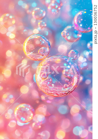 Colorful bubbles floating in a dreamy atmosphere, surrounded by soft pastel hues and shimmering light reflections, creating a whimsical and enchanting visual experience 130036752