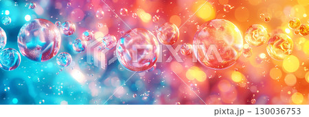 Colorful abstract illustration of bubbles floating in a vibrant background with soft gradients, showcasing a mesmerizing blend of blue, pink, and orange hues, creating a dreamy atmosphere 130036753