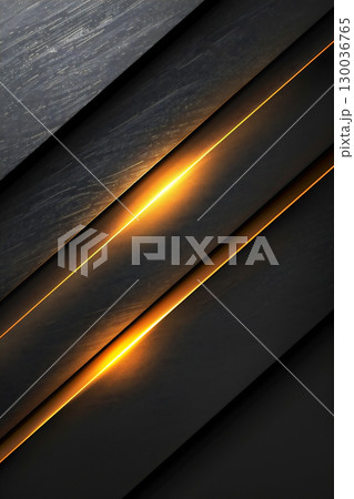 Abstract composition of metallic surfaces with sleek lines and glowing golden light, creating a modern and dynamic visual experience in a dark environment 130036765