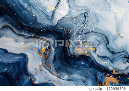Abstract fluid art featuring swirling navy blue and white colors with gold accents, creating a mesmerizing visual experience and evoking a sense of elegance and depth 130036806