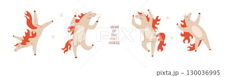 Happy Chinese new year 2026 party characters set. Cute horses celebrating. Animal zodiac cartoon horses with fiery mane. Flat vector hand draw illustration. Happy Chinese new year 2026 party characters set. Cute horses celebrating. Animal zodiac cartoon horses with fiery mane. Flat vector hand draw illustration. 130036995