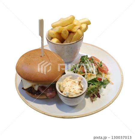 Delicious cheeseburger with salad, french fries, and coleslaw on white background Delicious cheeseburger with salad, french fries, and coleslaw on white background 130037013