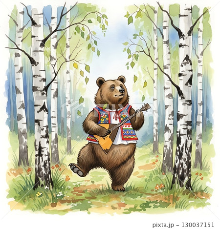An illustration of a bear playing a balalaika while dancing in a birch forest 130037151