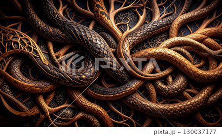 絡み合う蛇と樹の枝が織りなす幻想的な模様 ／ 神秘と力強さを感じさせる象徴的ビジュアル 130037177