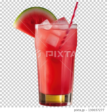 Refreshing summer watermelon lemonade in a tall glass with ice cubes, realistically photographed and isolated on a clean white background. Perfect summer beverage 130037277