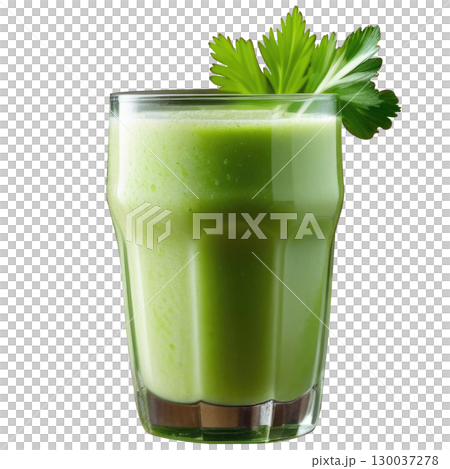 Vibrant green smoothie in a glass bowl topped with fresh parsley leaves, realistic photo isolated on a clean white background. Healthy and refreshing concept 130037278