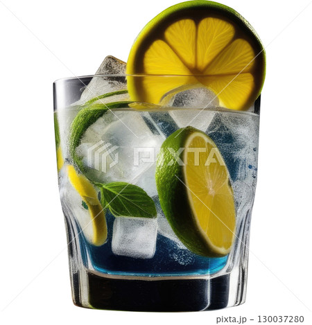 Authentic mojito in a glass with crushed ice, lime and mint garnish, high-resolution photo isolated on white background. Great for cocktail recipe content 130037280