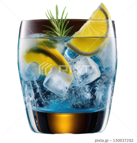 Crisp gin and tonic cocktail in a highball glass with ice cubes and a fresh lemon slice, professionally photographed and isolated on a clean white background 130037282