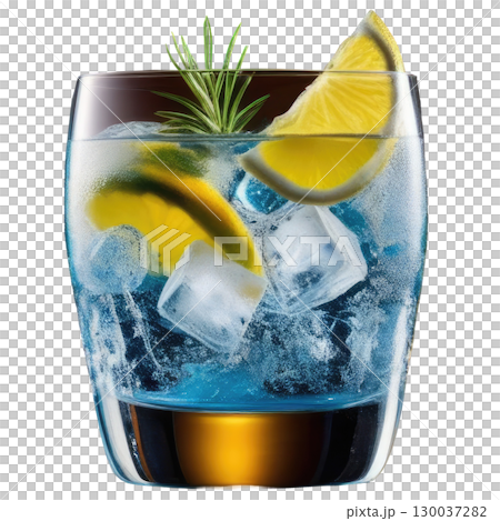 Crisp gin and tonic cocktail in a highball glass with ice cubes and a fresh lemon slice, professionally photographed and isolated on a clean white background 130037282