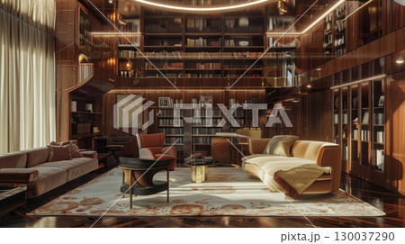 1920s Art Deco home library with sunburst motifs, stepped details, and curated reading corner. Luxurious materials create a timeless intellectual sanctuary 130037290