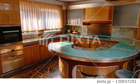 Art Deco-inspired kitchen featuring exotic marble surfaces, streamlined cabinetry, and metallic finishes. Elegant space for gourmet cooking and entertainment 130037291