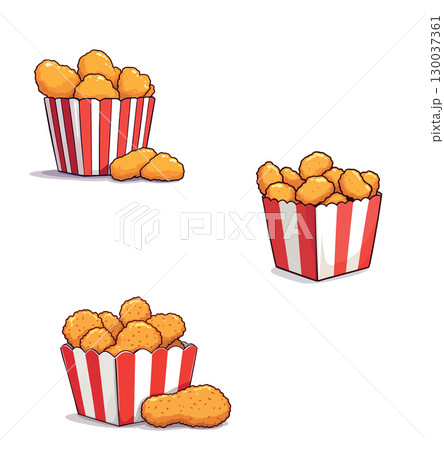Vsai delicious chicken nuggets overflowing from striped red and white buckets 130037361