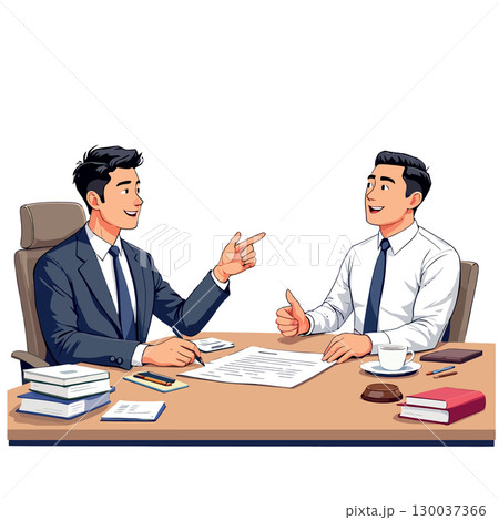Businessmen discussing contract terms and conditions at desk 130037366
