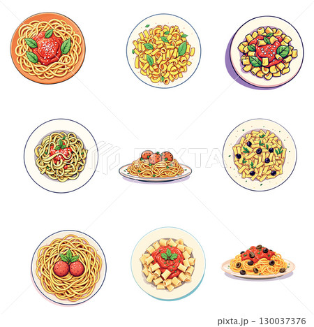 Vsai nine plates of delicious italian pasta dishes with various toppings 130037376