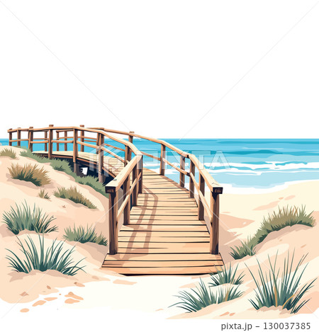 Wooden boardwalk leading to beautiful sandy beach and blue ocean 130037385