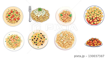 Vsai delicious italian pasta dishes served on plates, overhead view Vsai delicious italian pasta dishes served on plates, overhead view 130037387