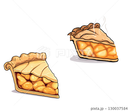 Vsai two slices of hot and freshly baked apple pie showing delicious filling 130037584