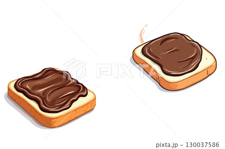 Vsai two slices of bread covered with chocolate cream on white background 130037586