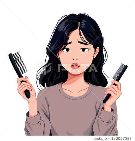 Sad young woman holding two combs and looking at hair loss problem 130037587