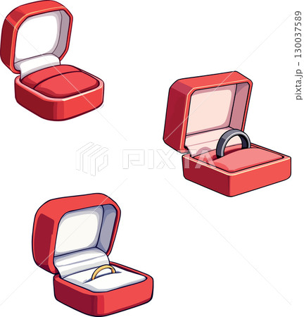 Red jewelry boxes opening, showing engagement rings and wedding rings 130037589