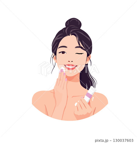 Smiling woman applying cream on her face with cotton pad Smiling woman applying cream on her face with cotton pad 130037603