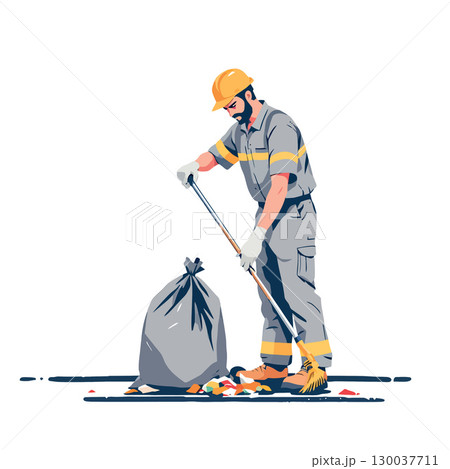 Street cleaner sweeping trash into garbage bag Street cleaner sweeping trash into garbage bag 130037711