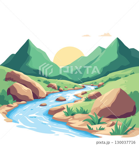 River flows through green valley with mountains and sunrise in background River flows through green valley with mountains and sunrise in background 130037716