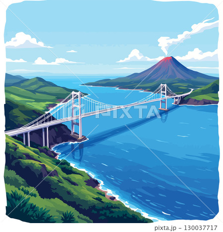 Long suspension bridge connecting two islands with smoking volcano in background Long suspension bridge connecting two islands with smoking volcano in background 130037717