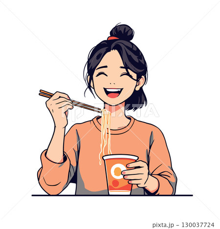 Young woman enjoying instant noodles with chopsticks and smiling Young woman enjoying instant noodles with chopsticks and smiling 130037724
