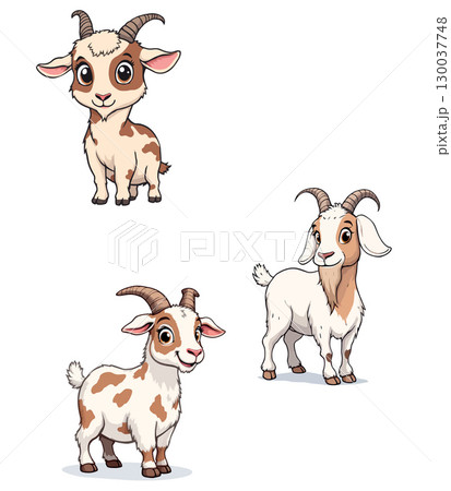 Three cartoon goats posing on white background 130037748