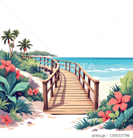 Wooden boardwalk leading to beautiful tropical beach with lush vegetation 130037796