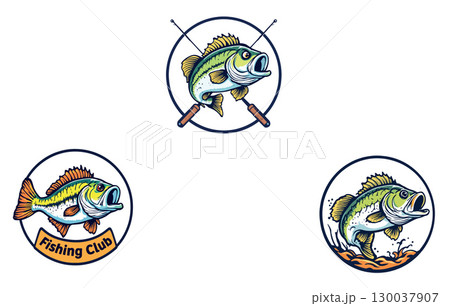 Set of fishing club logo designs featuring largemouth bass and fishing rods 130037907
