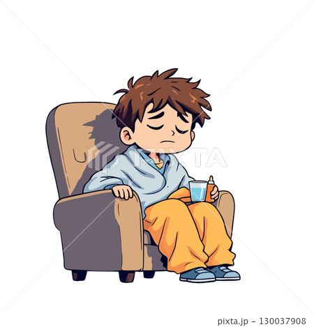 Sick child resting on armchair, holding medicine and water glass 130037908