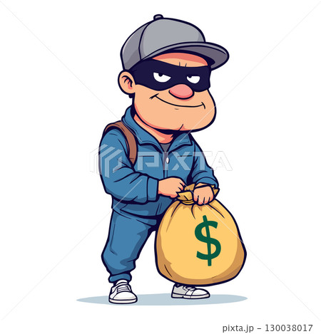 Masked thief escaping with stolen money bag 130038017