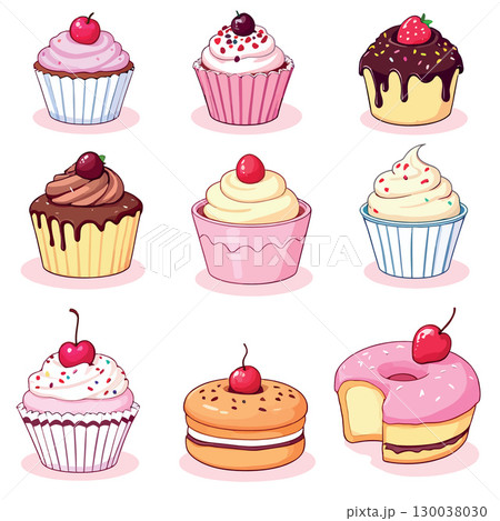 Delicious cherry topped cupcakes and donut displaying variety of frosting and toppings 130038030