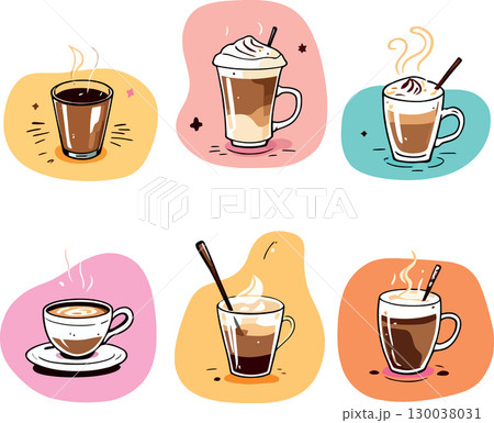 Steaming cups and mugs of coffee, cappuccino, latte, and espresso drinks Steaming cups and mugs of coffee, cappuccino, latte, and espresso drinks 130038031