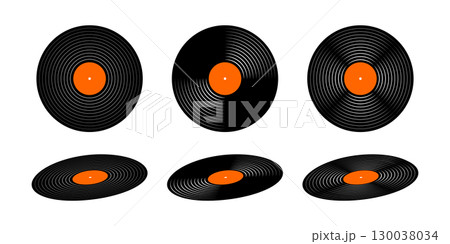 Set of vinyl records. Turntable long play music plates isolated on white background. DJ discs for techno party. 70s 80s 90s night club discotheque nostalgia concept. Vector flat illustration 130038034