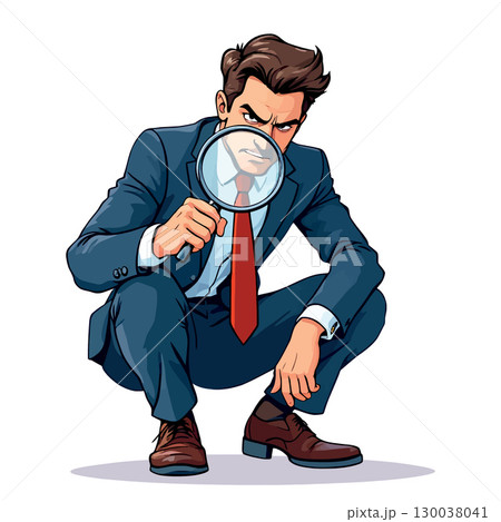 Businessman crouching and searching with magnifying glass Businessman crouching and searching with magnifying glass 130038041