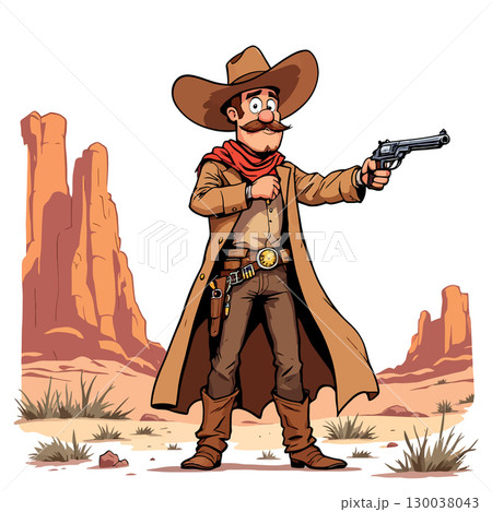 Cowboy firing gun in desert landscape with canyons Cowboy firing gun in desert landscape with canyons 130038043