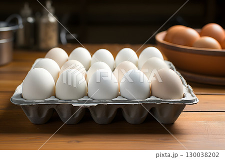 chicken white and yellow eggs folded in a tray. breakfast food 130038202