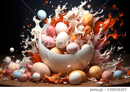 decorative composition of colored chicken eggs. creative art decorative composition of colored chicken eggs. creative art 130038307