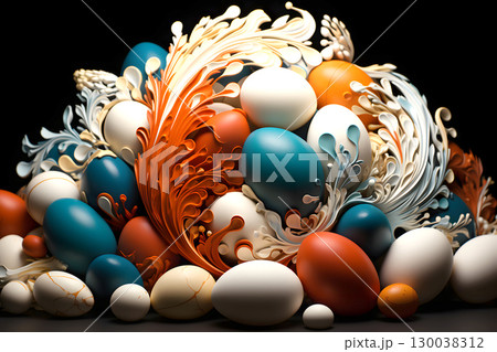 decorative composition of colored chicken eggs. creative art decorative composition of colored chicken eggs. creative art 130038312