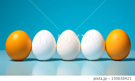 chicken eggs on a blue background. breakfast food 130038421